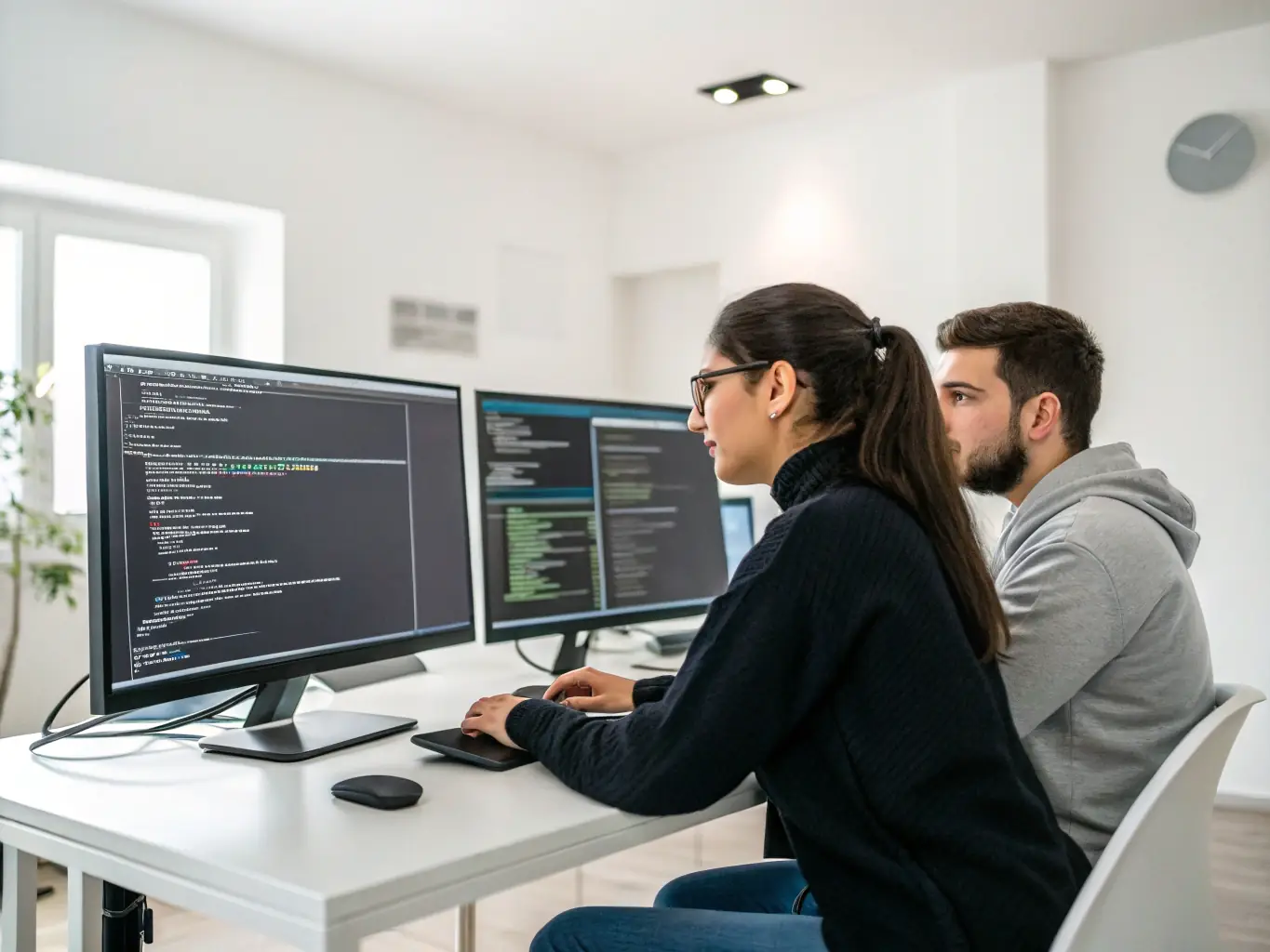 A junior developer pair-programming on a JavaScript project, building a dynamic web application with modern frameworks.