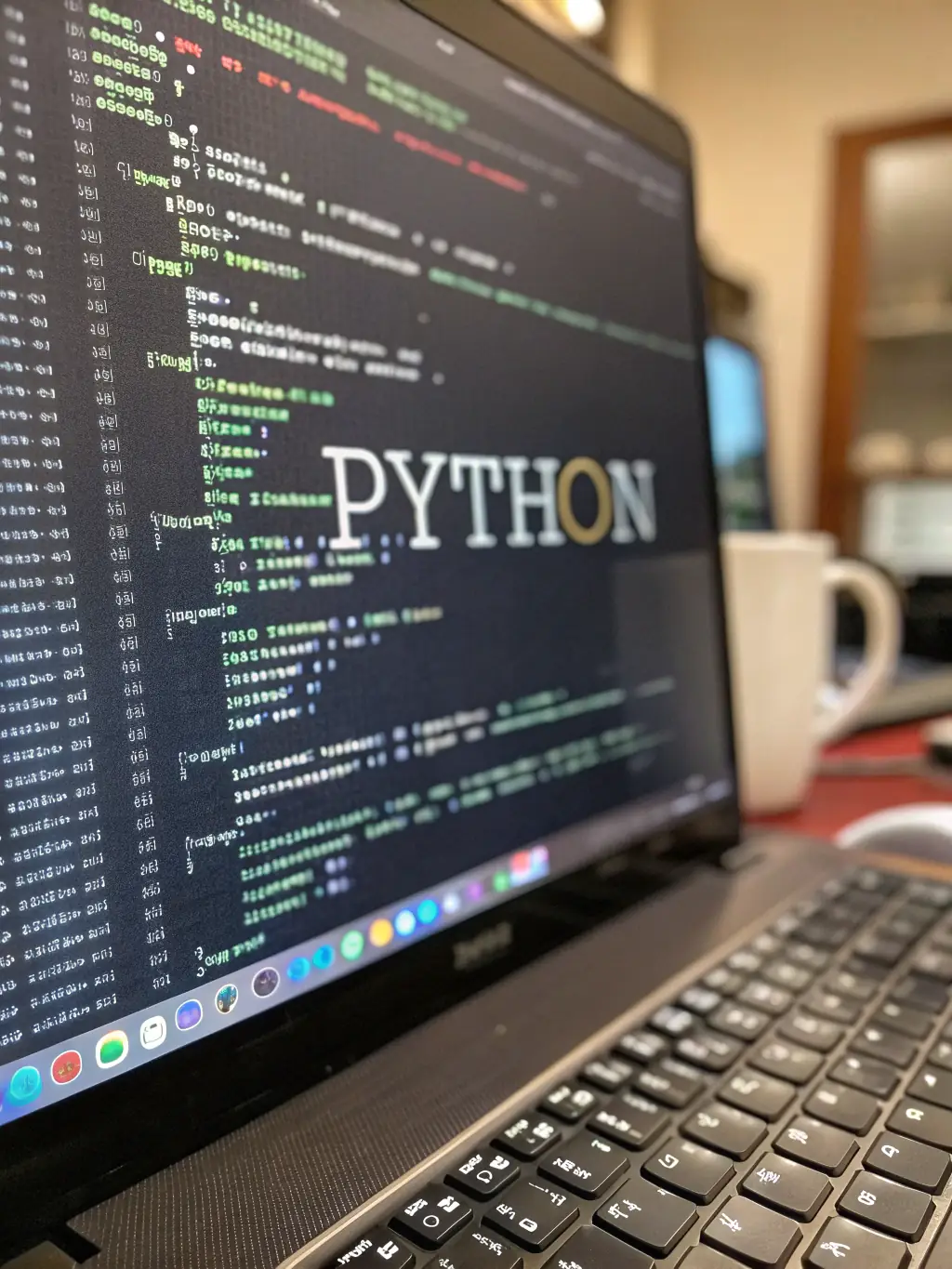 A focused close-up shot of Python code on a laptop screen, highlighting its readability and versatility, used to represent the Python course track.