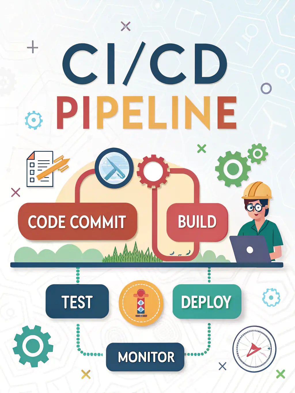 A visual representation of DevOps pipelines, showing automated deployment and monitoring processes, used to represent the DevOps course track.