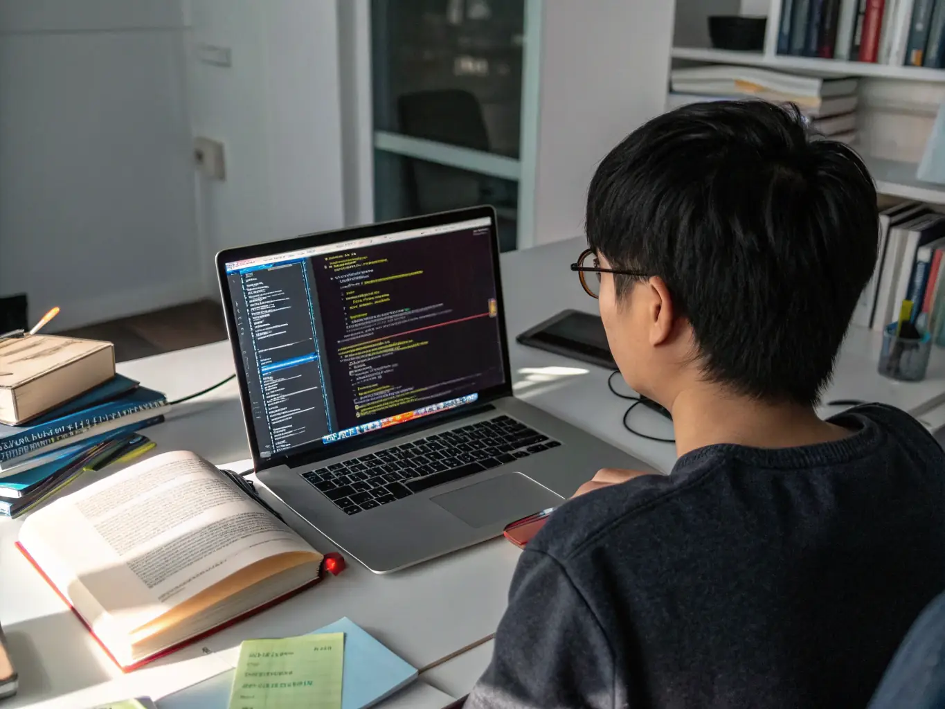 A junior developer working on a Python project, debugging code in a professional office setting, surrounded by other developers.
